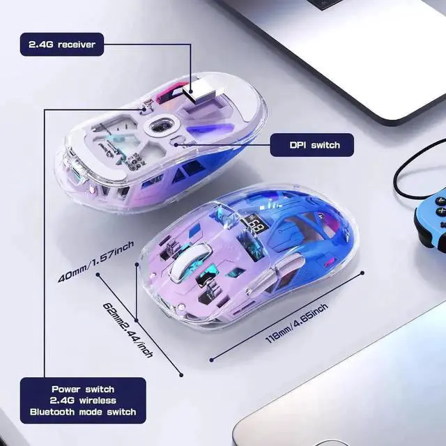 Alt view image 4 of 7 - Transparent Wireless Gaming Mouse, Dual Mode BT 5.0/2.4G PC Gaming Mice, PixArt 3212 5 Adjustable DPI, Rechargeable Silent Mouse with Digital Screen, RGB Backlight Mouse for Win/Mac (Purple)
