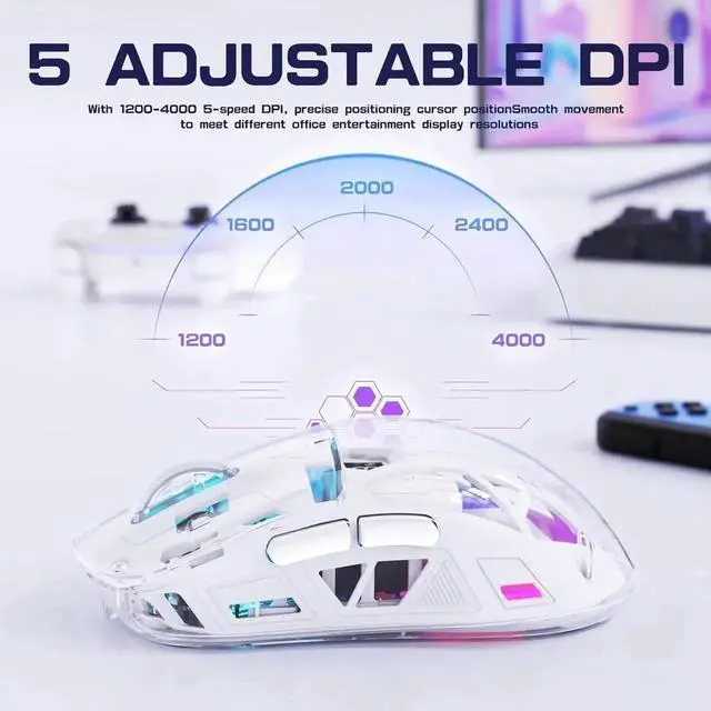 Alt view image 7 of 7 - Transparent Wireless Gaming Mouse, Dual Mode BT 5.0/2.4G PC Gaming Mice, PixArt 3212 5 Adjustable DPI, Rechargeable Silent Mouse with Digital Screen, RGB Backlight Mouse for Win/Mac(White)