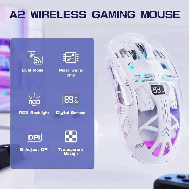 Alt view image 3 of 7 - Transparent Wireless Gaming Mouse, Dual Mode BT 5.0/2.4G PC Gaming Mice, PixArt 3212 5 Adjustable DPI, Rechargeable Silent Mouse with Digital Screen, RGB Backlight Mouse for Win/Mac(White)