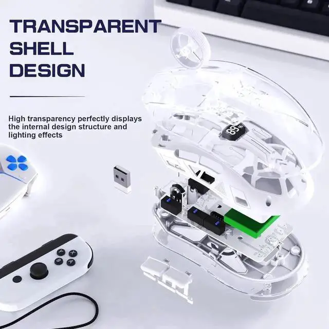 Alt view image 6 of 7 - Transparent Wireless Gaming Mouse, Dual Mode BT 5.0/2.4G PC Gaming Mice, PixArt 3212 5 Adjustable DPI, Rechargeable Silent Mouse with Digital Screen, RGB Backlight Mouse for Win/Mac(White)