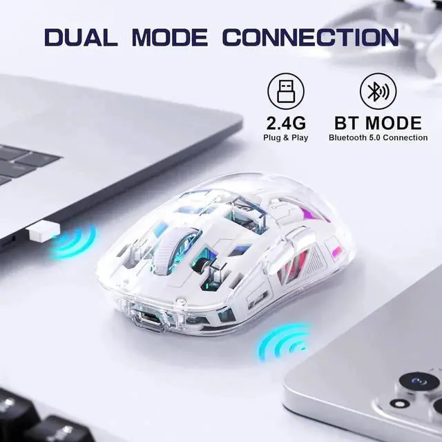 Alt view image 4 of 7 - Transparent Wireless Gaming Mouse, Dual Mode BT 5.0/2.4G PC Gaming Mice, PixArt 3212 5 Adjustable DPI, Rechargeable Silent Mouse with Digital Screen, RGB Backlight Mouse for Win/Mac(White)