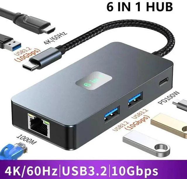 Alt view image 4 of 4 - 6-In-1 USB C Hub Laptop Docking Station Gigabit+USB3.2(10Gbps)+4K/60Hz HD+PD100W Fast Charge