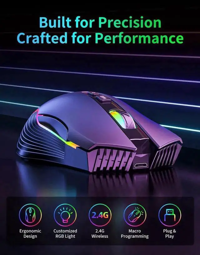 Alt view image 5 of 7 - JAENFONG Wireless Gaming Mouse, 2.4Ghz Connection, 5 RGB LED Backlit Modes, Ergonomic Computer Gaming Mice with 7 Macro Buttons, Adjustable DPI, Rechargeable Office Cordless Mouse for PC/Mac/Laptop