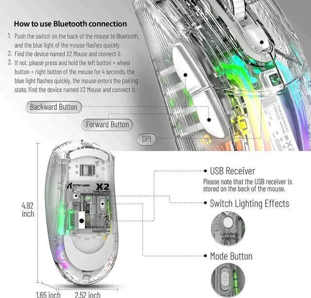 Alt view image 3 of 7 - Wireless Gaming Mouse, Tri-Mode Wireless Mouse-2.4Ghz/Bluetooth 5.0/USB C Wired, 5 Adjustable DPI, Ergonomic PC Gaming Mice with Transparent Shell-PAW Sensor-RGB Backlit-Silent Click for Win/MAC