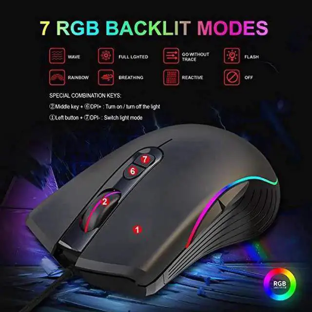 Alt view image 3 of 7 - JAENFONG Gaming Mouse Wired, 7 Programmable Buttons, Chroma RGB Backlit, 6400 DPI Adjustable, Comfortable Grip Ergonomic Optical PC Computer Gaming Mice with Fire Button