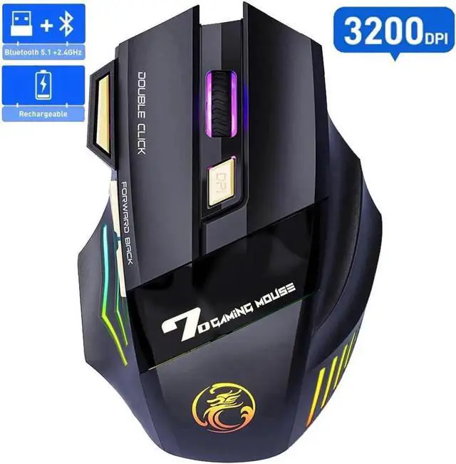 Main image of JAENFONG Wireless Gaming Mouse High precision, Optical Owl-Eye Sensor (1200/2400/3200 DPI), 7-Color LED Rainbow Luminous, 7 programmable Keys, Rechargeable Wireless Bluetooth Mouse, USB