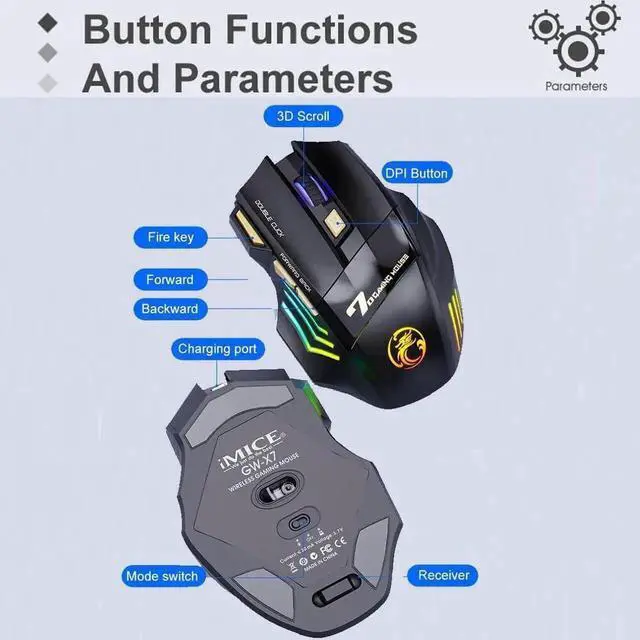 Alt view image 7 of 7 - JAENFONG Wireless Gaming Mouse High precision, Optical Owl-Eye Sensor (1200/2400/3200 DPI), 7-Color LED Rainbow Luminous, 7 programmable Keys, Rechargeable Wireless Bluetooth Mouse, USB