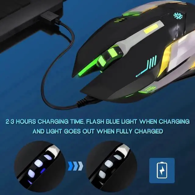 Alt view image 6 of 7 - JAENFONG 2.4G RF Wireless Gaming Mouse, Silent Click Wireless Rechargeable Mouse with Colorful LED Lights and 3 Level DPI 400mah Lithium Battery for Laptop and Computer (Black)