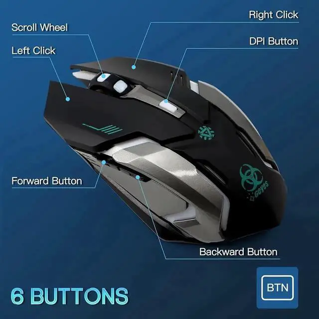 Alt view image 5 of 7 - JAENFONG 2.4G RF Wireless Gaming Mouse, Silent Click Wireless Rechargeable Mouse with Colorful LED Lights and 3 Level DPI 400mah Lithium Battery for Laptop and Computer (Black)