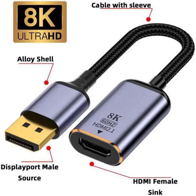Alt view image 2 of 7 - JAENFONG DisplayPort 1.4 Source to HDMI 2.0 Display 8K 60hz UHD 4K DP to HDMI Female Monitor Adapter Cable