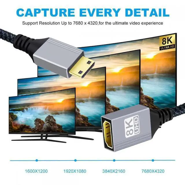 Alt view image 3 of 7 - JAENFONG 8K Type-C Mini HDMI 2.1 Male to HDMI Female Extension HDTV Cable for DV Camera Laptop Portable Monitor
