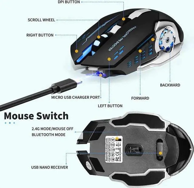 Alt view image 3 of 7 - JAENFONG Wireless Gaming Mouse, Bluetooth Mouse RGB Rechargeable 2.4G USB Cordless Computer Mice with 7 Color LED Backlit, 6 Buttons & Silent Click for Laptop, M-a-c OS, PC, Windows
