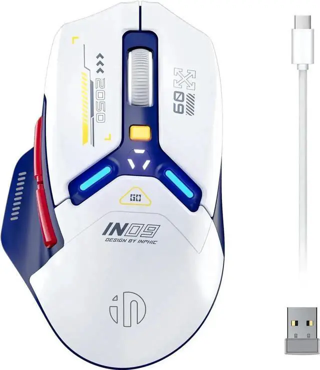 Main image of Wireless Gaming Mouse, True Tri-Mode Bluetooth/Type-C Wired/2.4G RF Wireless Mouse, 10000 DPl, Fully Programmable, RGB Backlit, Rechargeable Wireless Computer Mouse for Laptop PC Mac-White-Blue