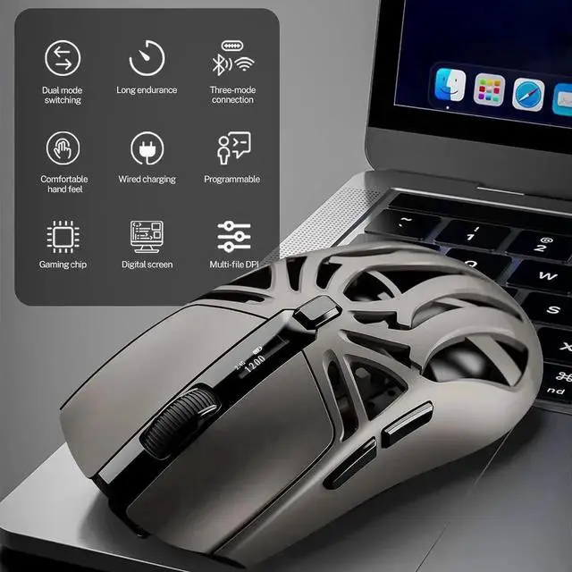 Alt view image 5 of 7 - Wireless Gaming Mouse, 10000 DPI, Tri-Mode 2.4GHz/Bluetooth/Wired Mouse, 6 Buttons, Digital Display, Silent Mice, Rechargeable, Customizable Macro and RGB Backlight for PC/Mac/Laptop (Gray)