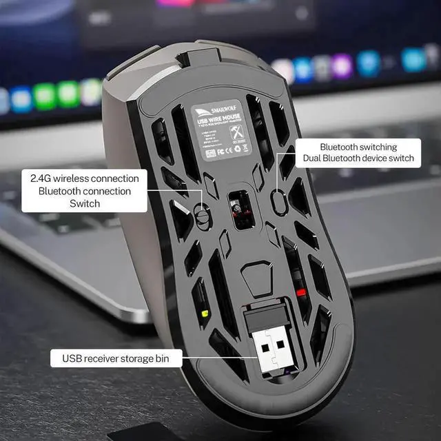 Alt view image 6 of 7 - Wireless Gaming Mouse, 10000 DPI, Tri-Mode 2.4GHz/Bluetooth/Wired Mouse, 6 Buttons, Digital Display, Silent Mice, Rechargeable, Customizable Macro and RGB Backlight for PC/Mac/Laptop (Gray)