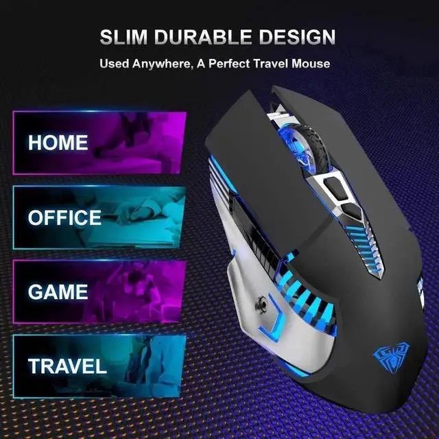 Alt view image 7 of 7 - JAENFONG Rechargeable Bluetooth Wireless Mouse with Side Button, 3 Modes (BT5.0, BT3.0 and 2.4G),7 Color LED Lights, Ergonomic Gaming Mice for PC Computer Laptop Mac Tablet(Black - Sound)