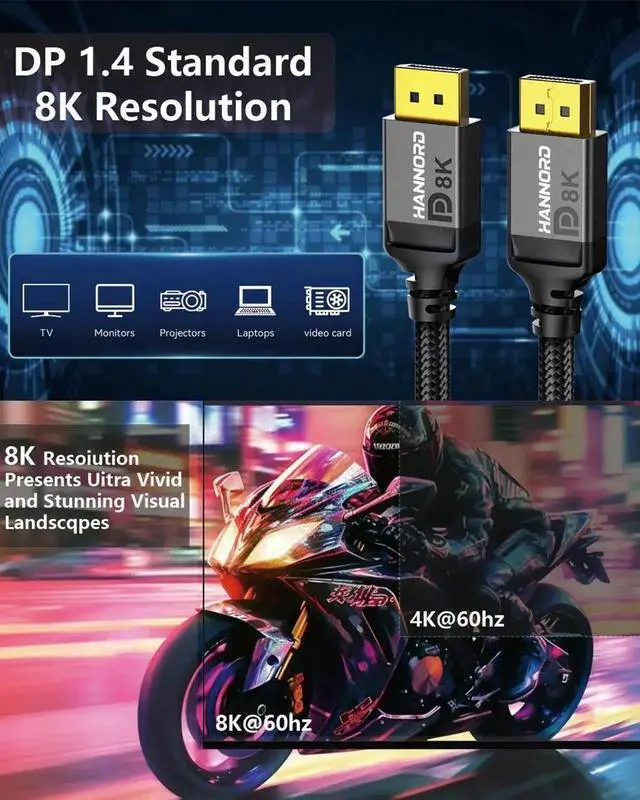 Alt view image 5 of 7 - JAENFONG DisplayPort Cable 1.4, 8K 6.6 ft DP Cable Cord (8K@60Hz, 4K@144Hz, 1080P@240Hz) Display Port HBR3 32.4Gbps, HDCP 2.2 for Odyssey G9 CHG90, PC, Laptop, TV Gaming Monitor - Grey