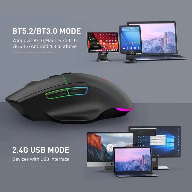 Alt view image 5 of 7 - JAENFONG 2.4G Wireless Bluetooth Mouse, Bluetooth RGB Rechargeable Gaming Mouse Wireless Computer Silent Mause LED Backlit 1600 DPI Ergonomic Gaming Mouse for Laptop PC