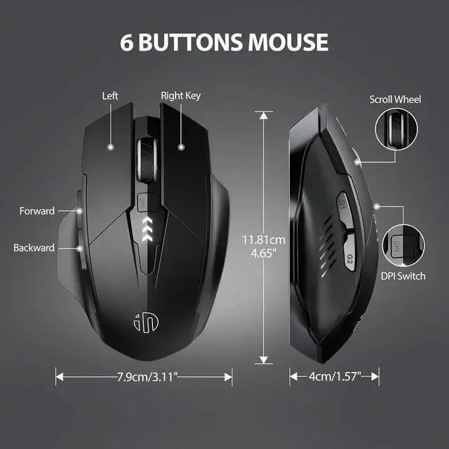 Alt view image 3 of 7 - JAENFONG 2.4G RF Wireless Mouse, Rechargeable Mouse, Battery Visible, 4 adjustable DPI (up to 2400 DPI), 6 Buttons, Ergonomic Large Mouse for Laptop, Computer, Windows 7/8/10/XP, Vista and Mac OS