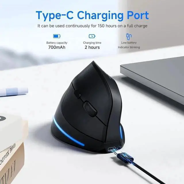 Alt view image 7 of 7 - Ergonomic Wireless Mouse, Bluetooth Vertical Mouse with LED Light, Control Up to 3 Devices (BT5.0+BT5.0+2.4GHz), Adjustable DPI 2400/1600/1000, Bluetooth Mouse for PC, Laptop, Mac, Windows
