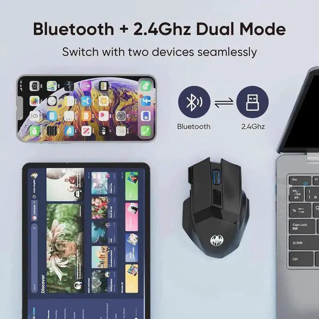 Alt view image 2 of 6 - JAENFONGWireless Gaming Mouse, Dual-Mode 2.4G/Bluetooth Wireless Mouse, Rechargeable PC Gaming Mice with Fire Button, 4-Level DPI up to 4800dpi, Noiseless Click, 10 Buttons for PC, Mac, Laptop, Tablet