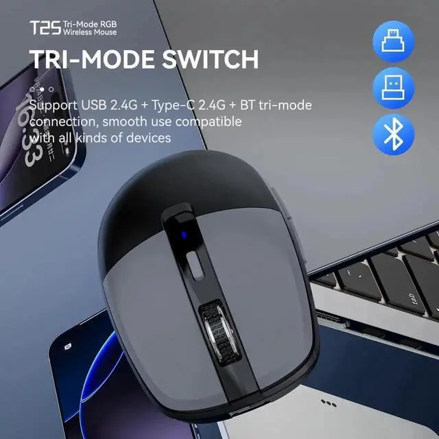 Alt view image 5 of 7 - Multi-Device Wireless Mouse for Office, USB 2.4G/Type-C 2.4G/BT5.1 Dual Mode, Silent Click, 3200 DPI, Ergonomic Design with RGB Light, Bluetooth Wireless Mouse with Type-C Fast Charging