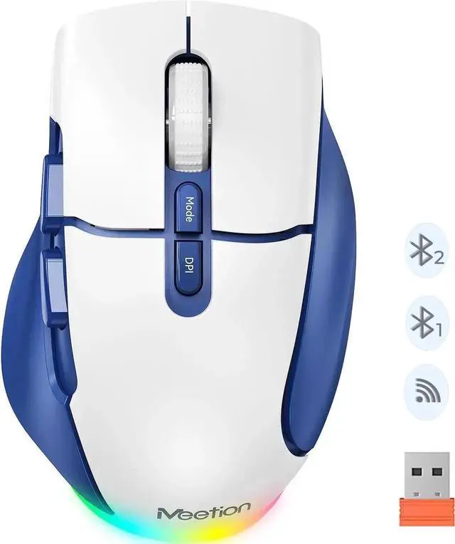 Main image of JAENFONG Wireless Mouse for Laptop, USB 2.4G and Bluetooth Connectivity, 4 Adjustable DPI, Rechargeable, Ergonomic Mouse for Laptops, i-Pad, Compatible with Windows, MacOS, Android, iOS, Blue White