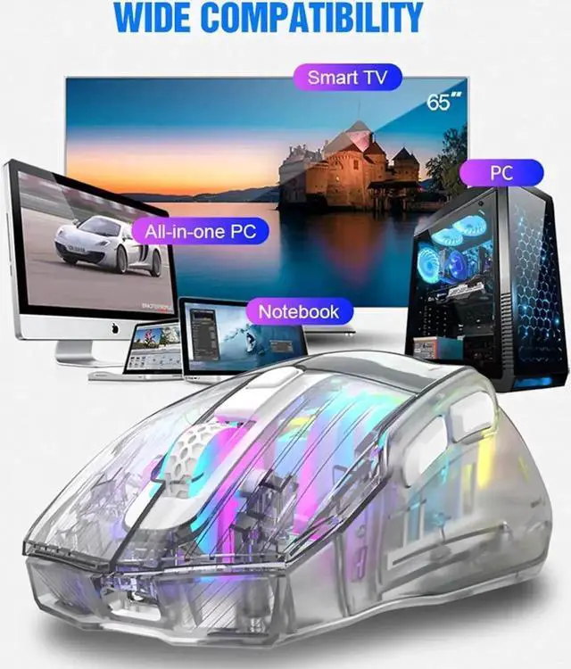 Alt view image 3 of 7 - JAENFONG Wireless Gaming Mice with Transparent Crystal Shell, Tri-Modes (USB Wired + 2.4G Wireless+ Bluetooth), Silent Click, Rechargeable Wireless Mouse with RGB Backlit- White