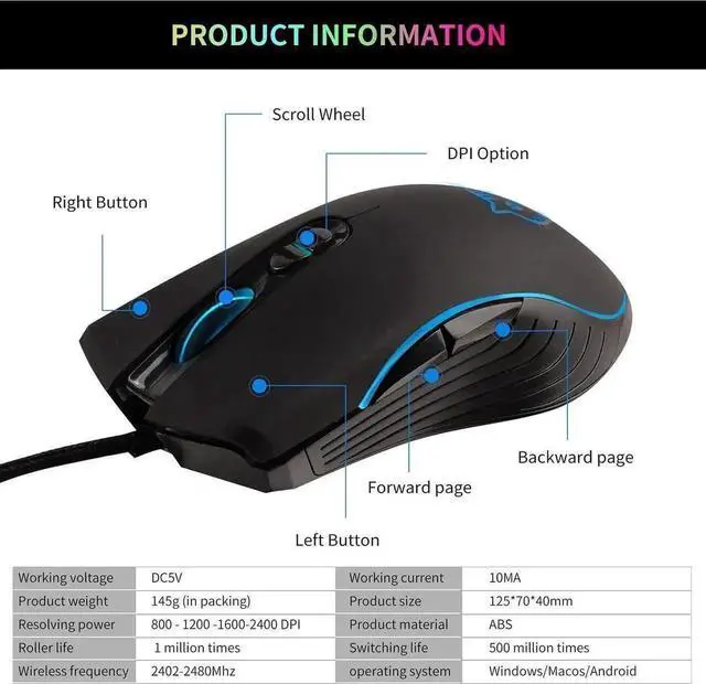 Alt view image 2 of 7 - JAENFONG Wired Gaming Mouse, 7 Colors Backlit Optical Game Mice Ergonomic USB Wired with 2400 DPI and 6 Buttons 4 Adjustable DPI for Computer/Win/Mac/Linux/Andriod/iOS