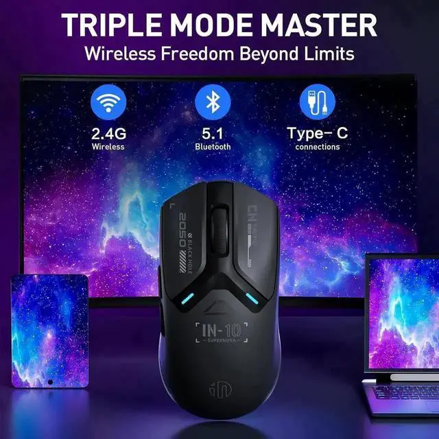 Alt view image 4 of 7 - Superlight Wireless Gaming Mouse, 60g Lightweight, 8K Polling Rate, up to 26,000 DPI, Tri-Mode Bluetooth 5.0 / 2.4G wireless / Type-C wired modes Gaming Mice, PAW3395 Sensor, Fully Programmable