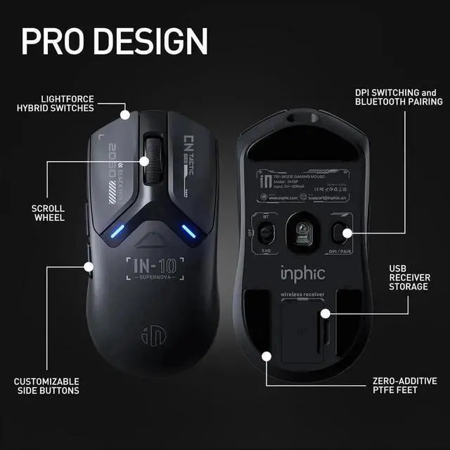 Alt view image 3 of 7 - Superlight Wireless Gaming Mouse, 60g Lightweight, 8K Polling Rate, up to 26,000 DPI, Tri-Mode Bluetooth 5.0 / 2.4G wireless / Type-C wired modes Gaming Mice, PAW3395 Sensor, Fully Programmable