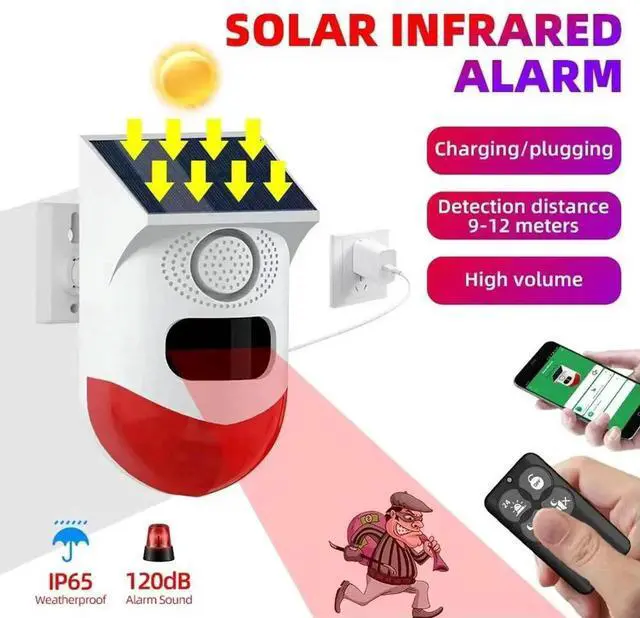 Alt view image 2 of 4 - Solar Security Infrared Siren Remote Control Motion Activated Detector Alarm USB Charging Outdoor Alarm Siren for Home Farm Yard