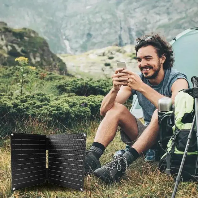 Alt view image 2 of 7 - 16W 5V Solar Panel Foldable with USB /Type-C Ports Outdoor Solar Cell Solar Charger Power Emergency Panels for Outdoor Camping