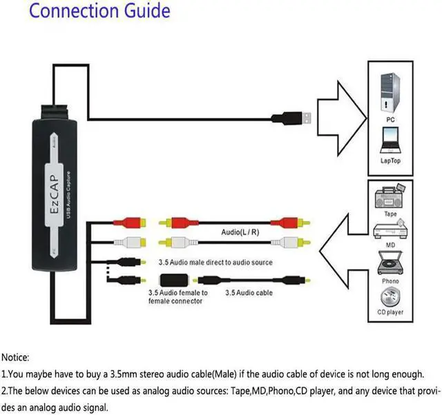 Alt view image 6 of 6 - JAENFONG EZCAP USB Audio Capture Cassette To CD/MP3 Converter MP3 WMA WAVE Recorder Edit Audio to Digital RCA R/L 3.5mm audio input