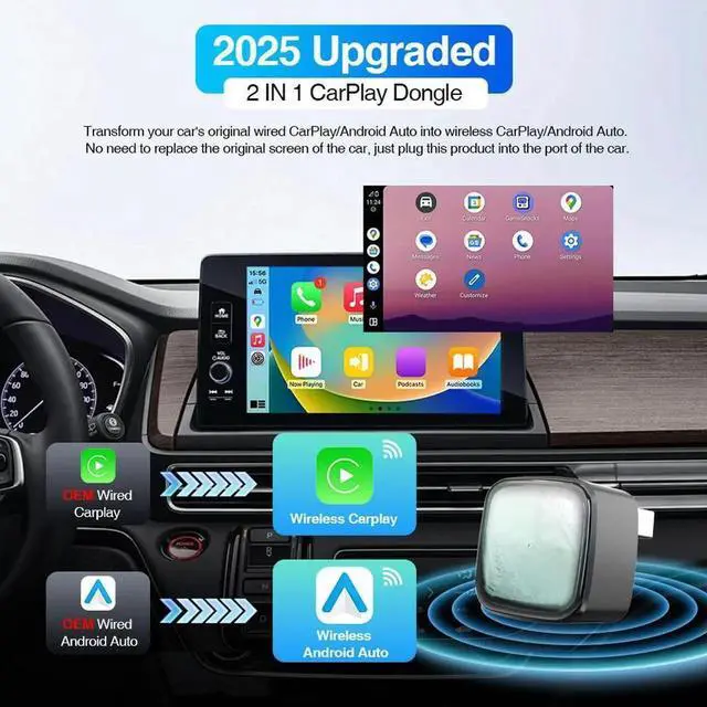 Alt view image 7 of 7 - 2 in 1 Wireless CarPlay Android Auto Adapter Plug & Play Convert Wired to Wireless Dongle for Factory Wired CarPlay Cars