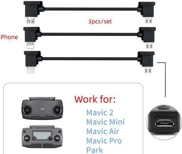 Alt view image 5 of 7 - JAENFONG 3pcs/set Remote Controller Data Cable Type-CMicro8P to Micro USB for Mavic Pro Platinum Mavic Park RC Accessories