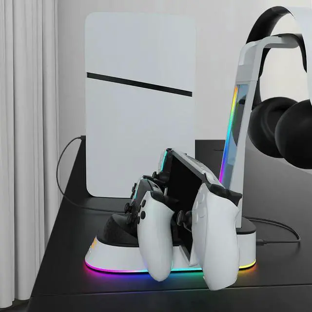 Alt view image 2 of 4 - Charging Station with Headset Holder for PS5 Controller RGB Light Charging Indicator for Portal Game Console