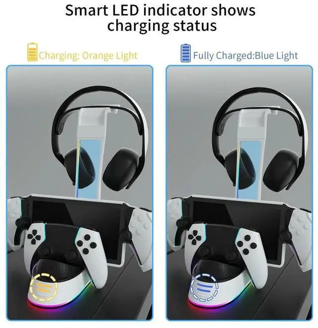 Alt view image 4 of 4 - Charging Station with Headset Holder for PS5 Controller RGB Light Charging Indicator for Portal Game Console