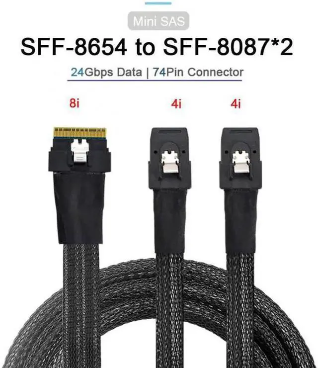 Alt view image 3 of 7 - JAENFONG Ultraport Slimline SAS Slim 4.0 SFF-8654 8i 74pin to Dual SFF-8087 Mini SAS Cable PCI-Express