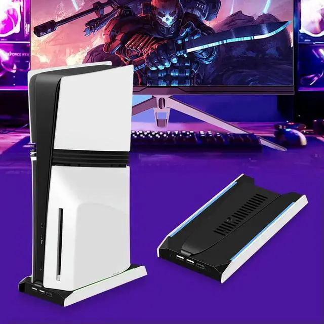 Alt view image 3 of 7 - For PS 5 Slim/PS 5 Pro RGB Game Console Base Bracket W/ 3-Speed Cooling Fan Console Host Stand Vertical Holder Game Accessories
