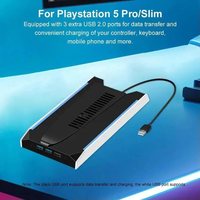 Alt view image 2 of 7 - For PS 5 Slim/PS 5 Pro RGB Game Console Base Bracket W/ 3-Speed Cooling Fan Console Host Stand Vertical Holder Game Accessories