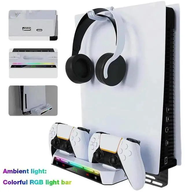 Alt view image 3 of 4 - Shelf Floating Mount with Dual Controller Charger RGB Light Wall Stand W/ Headset Holder for PS5/PS5 Slim Disc & Console