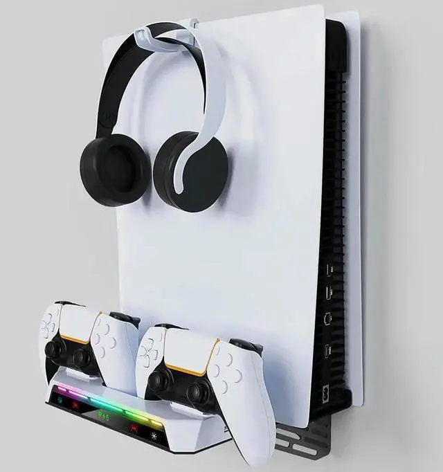 Alt view image 4 of 4 - Shelf Floating Mount with Dual Controller Charger RGB Light Wall Stand W/ Headset Holder for PS5/PS5 Slim Disc & Console
