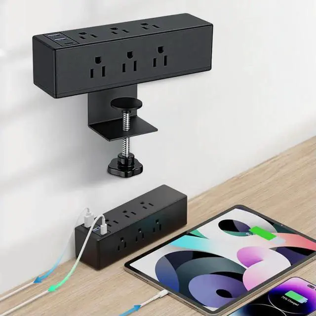 Alt view image 4 of 4 - Desk Clamp Power Strip with USB Widely Spaced Desk Outlet Station 8/6 AC Outlet and 6.6ft Power Cord Fit 1.6in Tabletop Edge