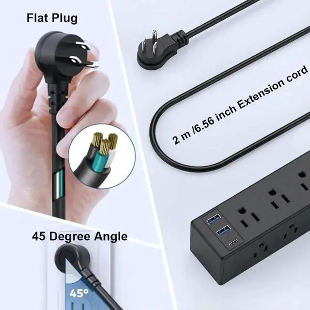 Alt view image 2 of 4 - Desk Clamp Power Strip with USB Widely Spaced Desk Outlet Station 8/6 AC Outlet and 6.6ft Power Cord Fit 1.6in Tabletop Edge