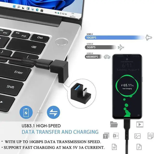 Alt view image 3 of 6 - JAENFONG U-Shape USB C to USB 3.1 Adapter 180 Degree Type C Male to USB A3.1 Female Coupler Connector 10Gbps Support Data Transfer OTG 2Pcs