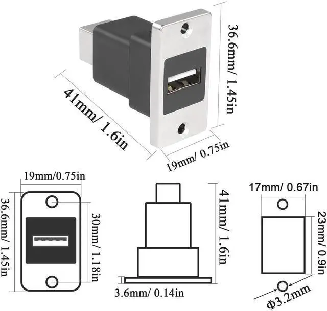 Alt view image 6 of 7 - JAENFONG USB2.0 to USB B Panel Mount Print Adapter, USB 2.0 Female to USB B Female Rectangular Connector, Printer Socket, Scanner, Fax, PC, Laptop