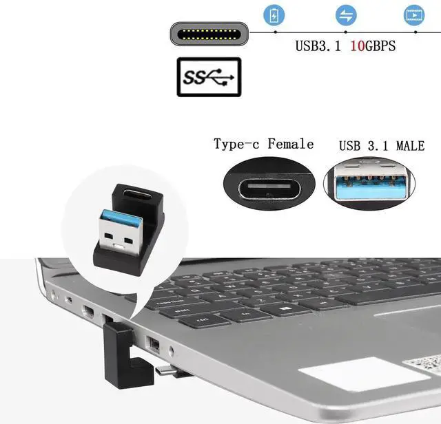 Alt view image 5 of 6 - JAENFONG U-Shape USB 3.1 to USB C Adapter 180 Degree USB A3.1 Male to Type C Female Coupler Connector 10Gbps Support Data Transfer OTG 2Pcs