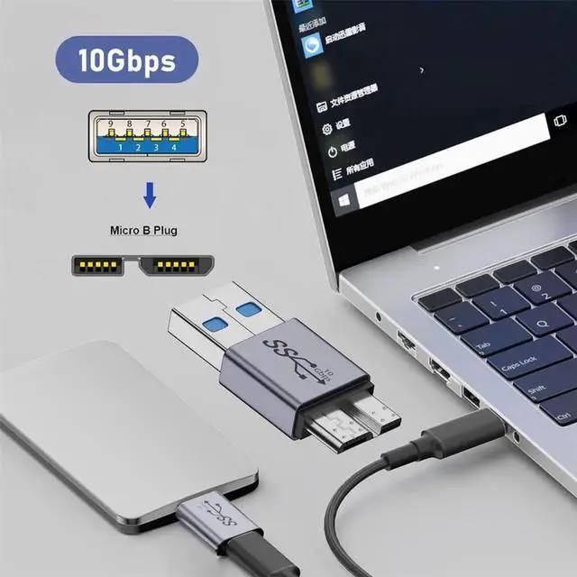 Alt view image 5 of 7 - JAENFONG USB-C USB 3.1 Type A Male to Micro USB 3.0 Male Adapter 10Gbps Data Power Converter for Laptop PC SSD Disk
