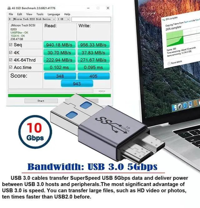 Alt view image 7 of 7 - JAENFONG USB-C USB 3.1 Type A Male to Micro USB 3.0 Male Adapter 10Gbps Data Power Converter for Laptop PC SSD Disk